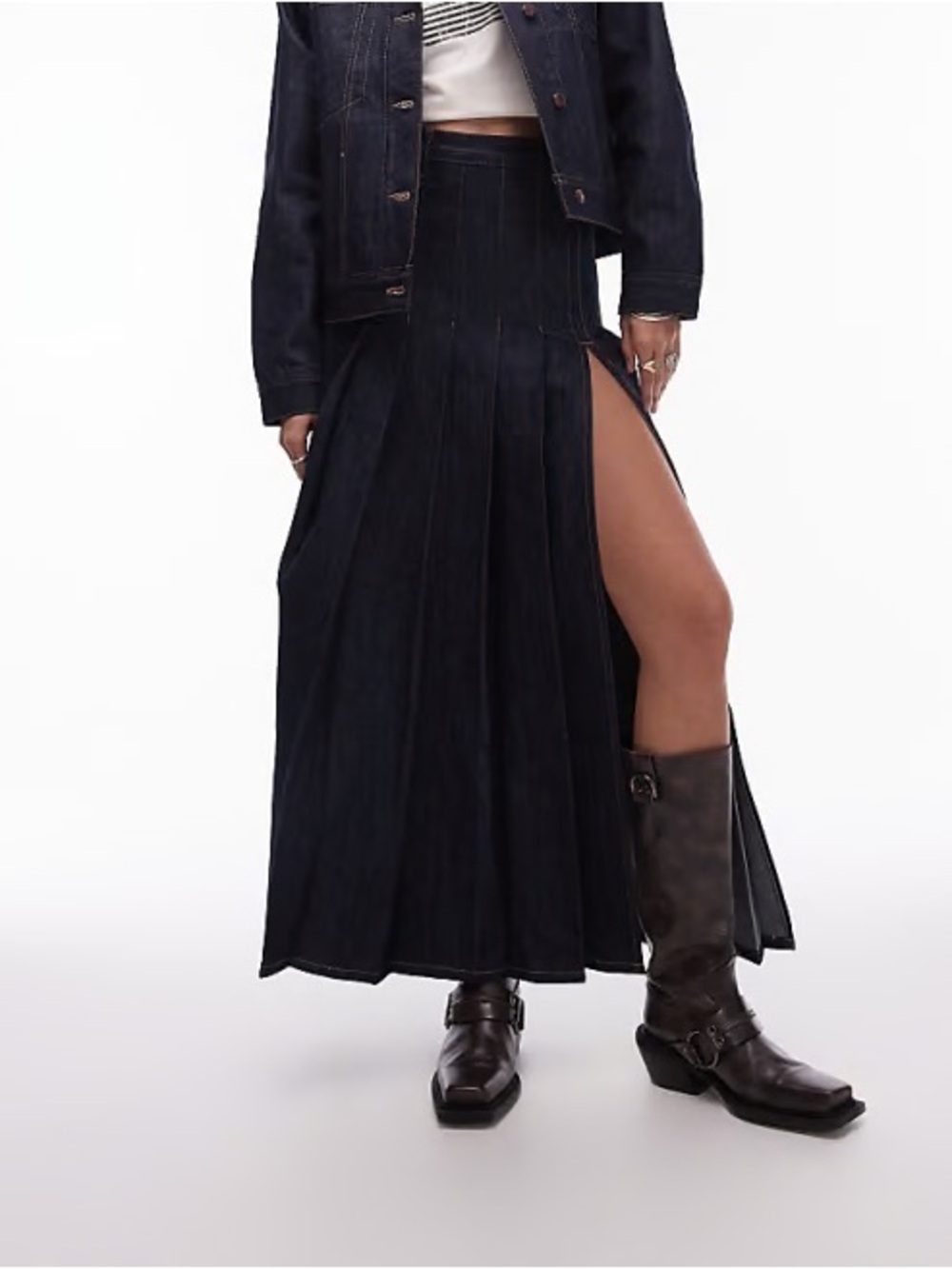 Topshop Dark Indigo Denim Maxi Skirt with High Slit